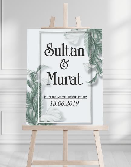 Söz Nişan Düğün İçin 50x70 Karşılama Panosu - Yeşil Yaprak Desenli