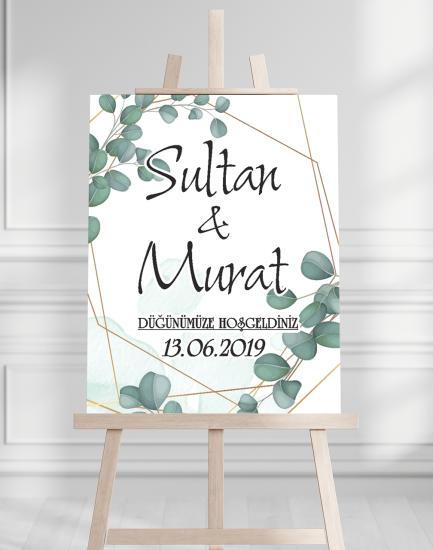 Söz Nişan Düğün İçin 50x70 Karşılama Panosu - Yeşil Yaprak Tasarımlı 001