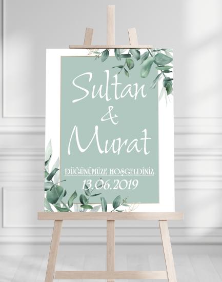 Söz Nişan Düğün İçin 50x70 Karşılama Panosu - Yeşil Yaprak Tasarımlı 004