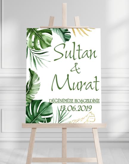 Söz Nişan Düğün İçin 50x70 Karşılama Panosu - Yeşil Yaprak Tasarımlı