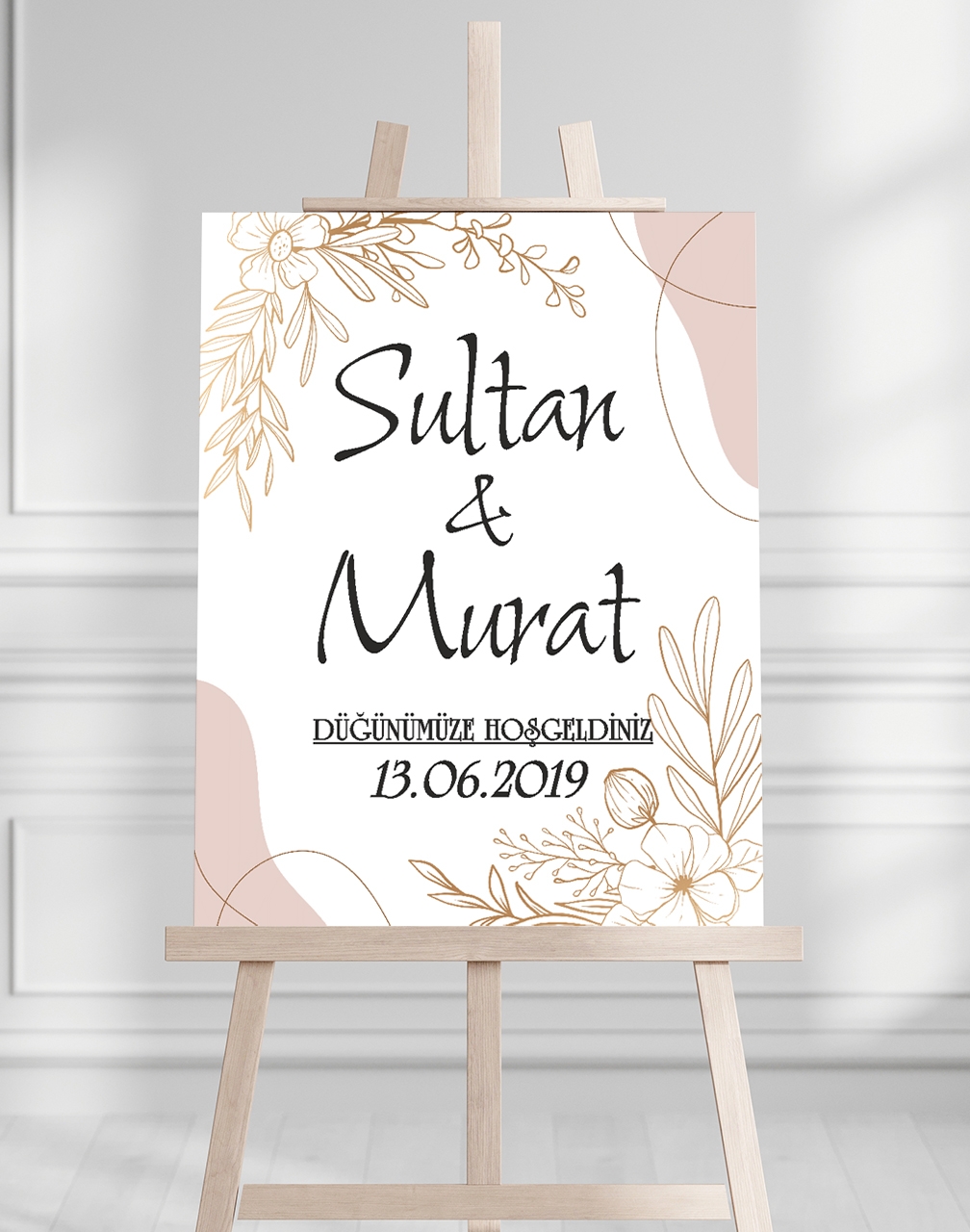 Söz Nişan Düğün İçin 50x70 Karşılama Panosu - Altın Çiçek Desenli 003