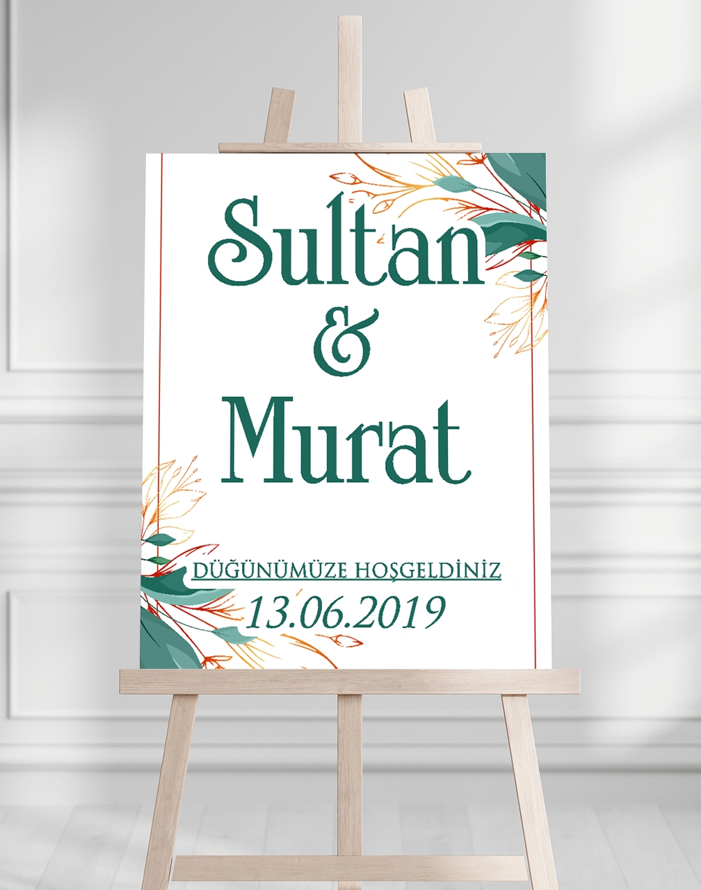 Söz Nişan Düğün İçin 50x70 Karşılama Panosu - Altın ve Yeşil Çiçek Temalı