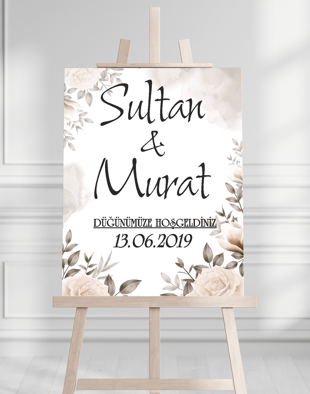 Söz Nişan Düğün İçin 50x70 Karşılama Panosu - Beyaz Çiçek Desenli 003