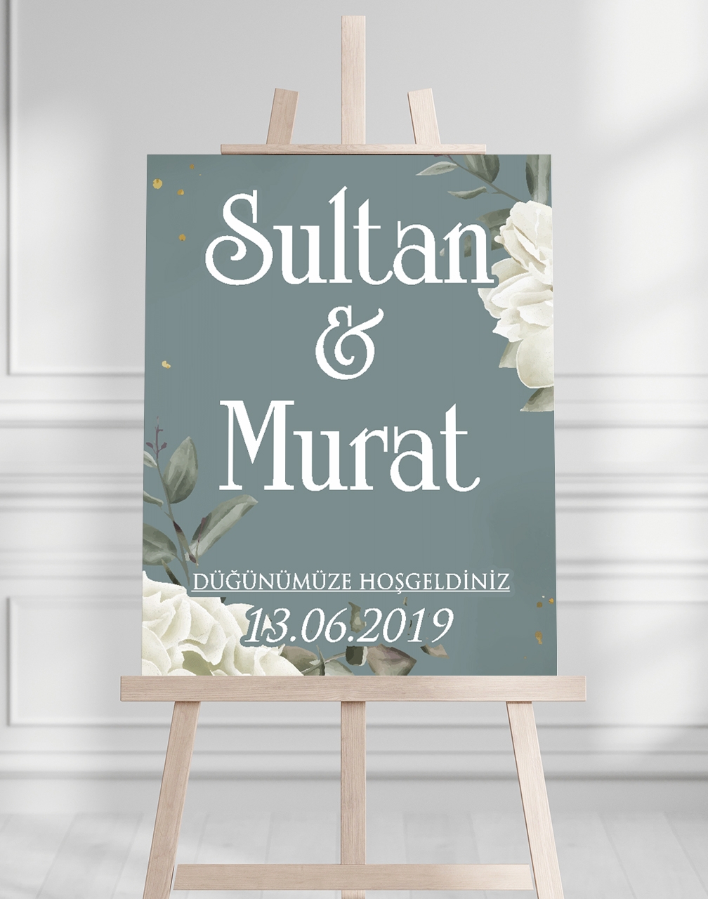 Söz Nişan Düğün İçin 50x70 Karşılama Panosu - Beyaz Çiçek ve Turkuaz Tasarımlı