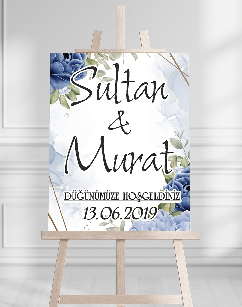 Söz Nişan Düğün İçin 50x70 Karşılama Panosu - Beyaz Çiçek ve Yeşil Yaprak Tasarımlı