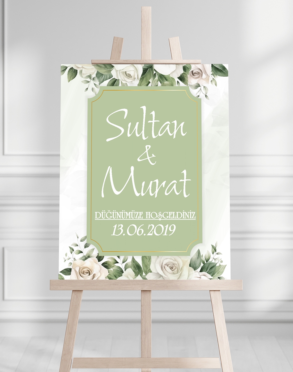 Söz Nişan Düğün İçin 50x70 Karşılama Panosu - Beyaz Gül Desenli