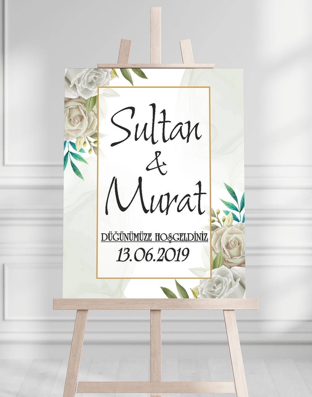 Söz Nişan Düğün İçin 50x70 Karşılama Panosu - Beyaz Gül Tasarımlı 003