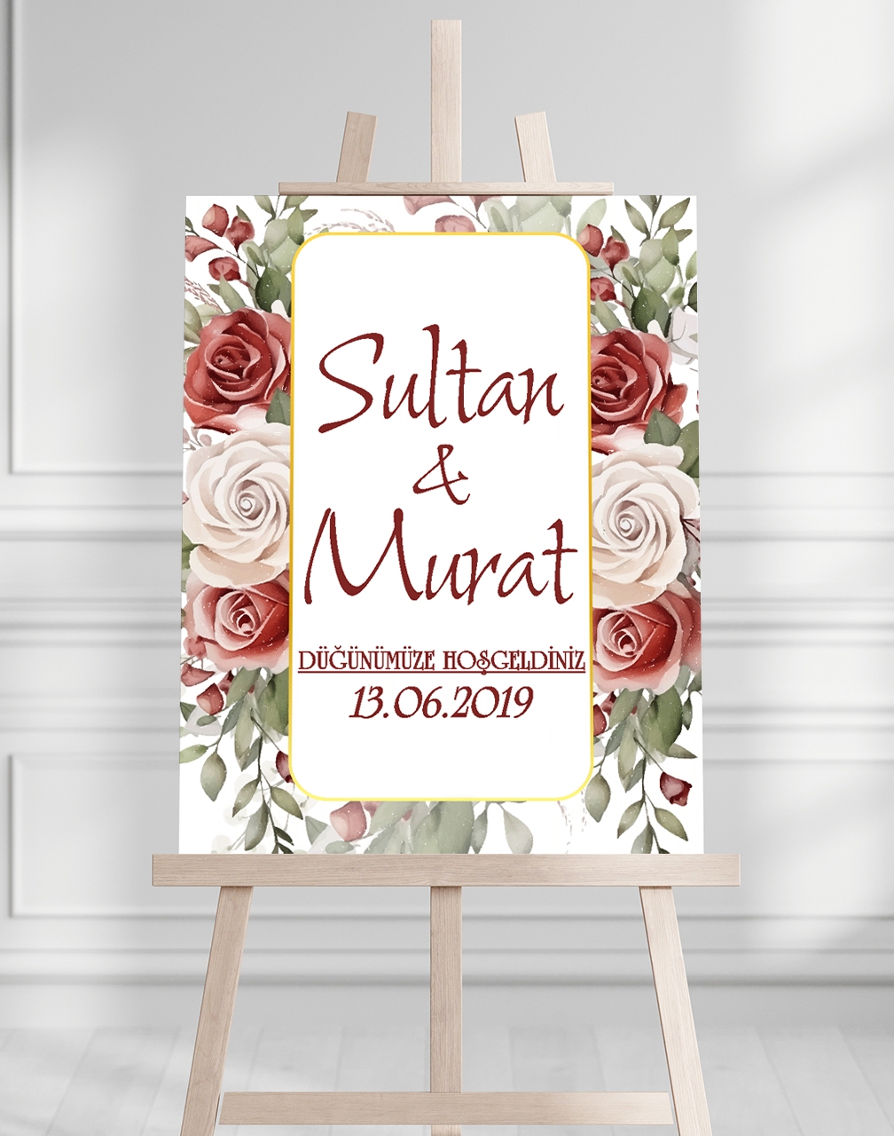 Söz Nişan Düğün İçin 50x70 Karşılama Panosu - Çiçek Desenli