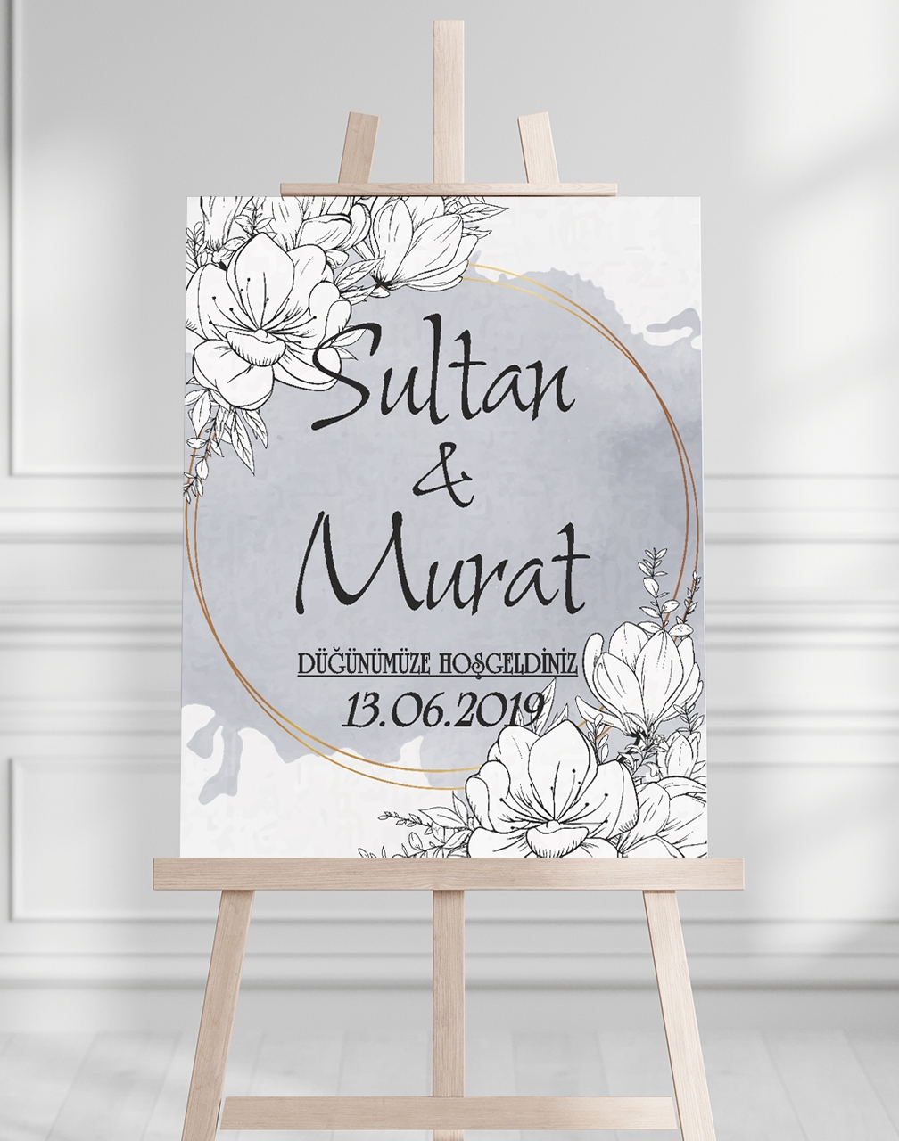 Söz Nişan Düğün İçin 50x70 Karşılama Panosu - Gri Çiçek Desenli 002