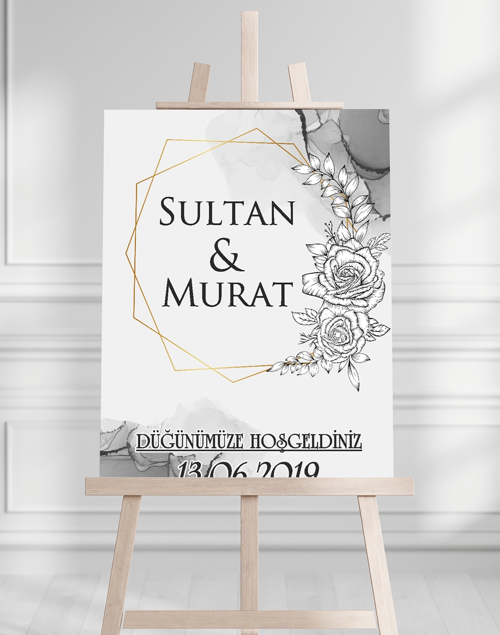 Söz Nişan Düğün İçin 50x70 Karşılama Panosu - Gri Çiçek Desenli 005