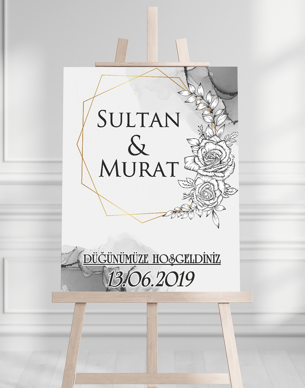 Söz Nişan Düğün İçin 50x70 Karşılama Panosu - Gri Çiçek Desenli