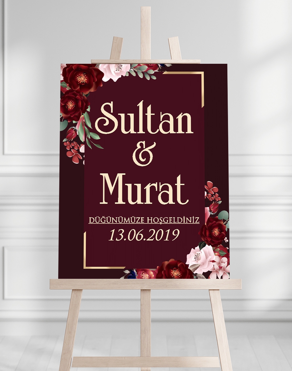 Söz Nişan Düğün İçin 50x70 Karşılama Panosu - Kırmızı Çiçek Temalı