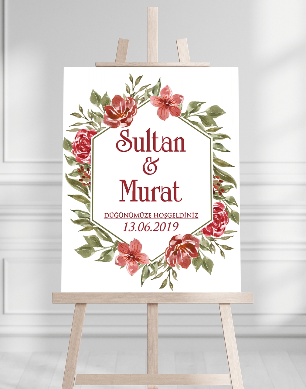 Söz Nişan Düğün İçin 50x70 Karşılama Panosu - Kırmızı Gül Desenli 002