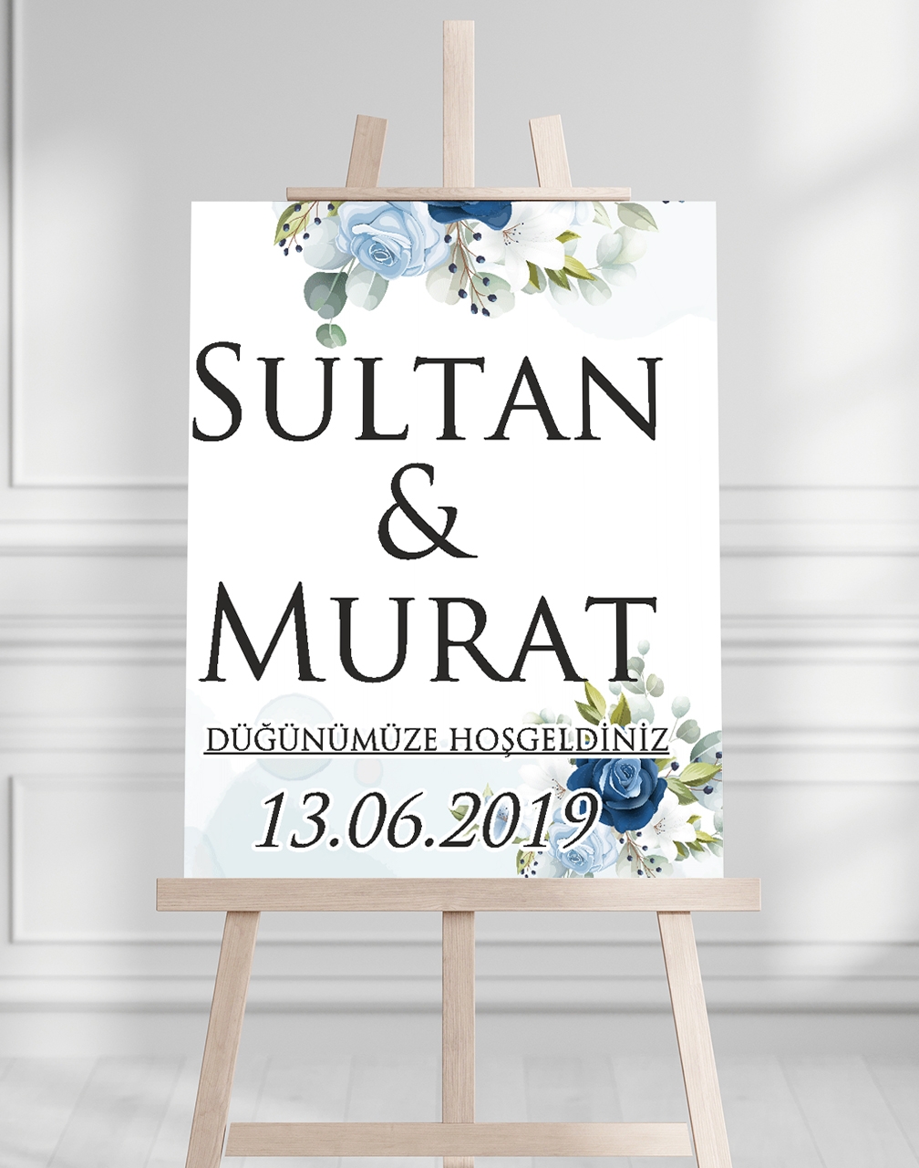 Söz Nişan Düğün İçin 50x70 Karşılama Panosu - Mavi Beyaz Çiçek Tasarımlı