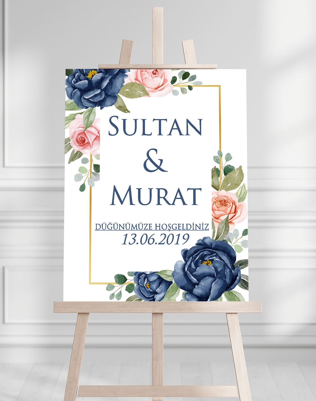 Söz Nişan Düğün İçin 50x70 Karşılama Panosu - Mavi Çiçek Desenli 002