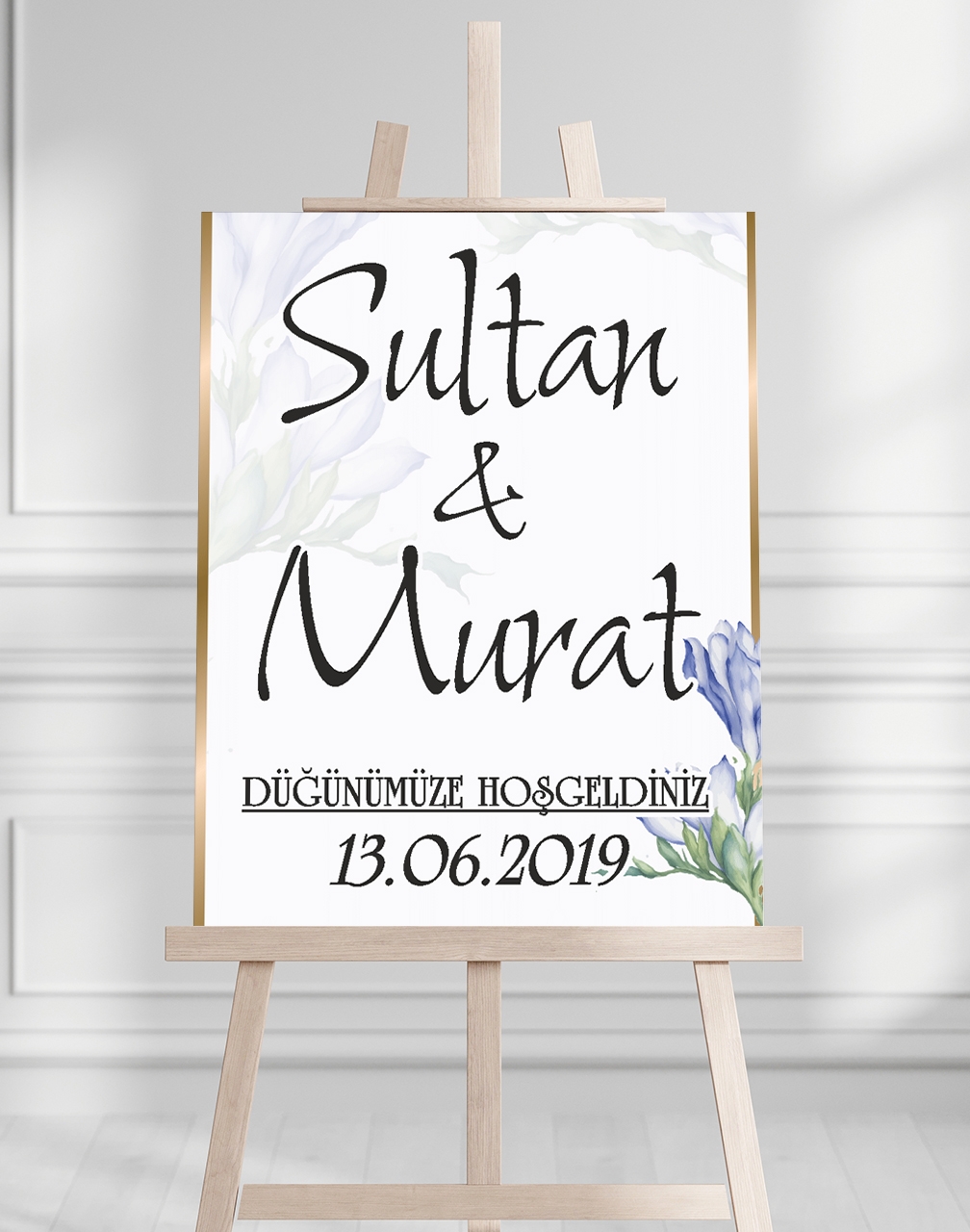 Söz Nişan Düğün İçin 50x70 Karşılama Panosu - Mavi Çiçek Desenli Pano