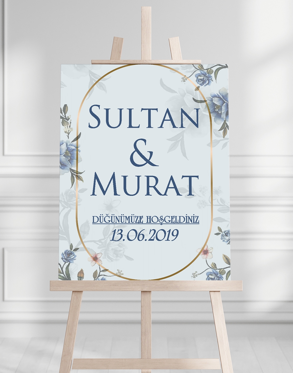 Söz Nişan Düğün İçin 50x70 Karşılama Panosu - Mavi Çiçek Desenli