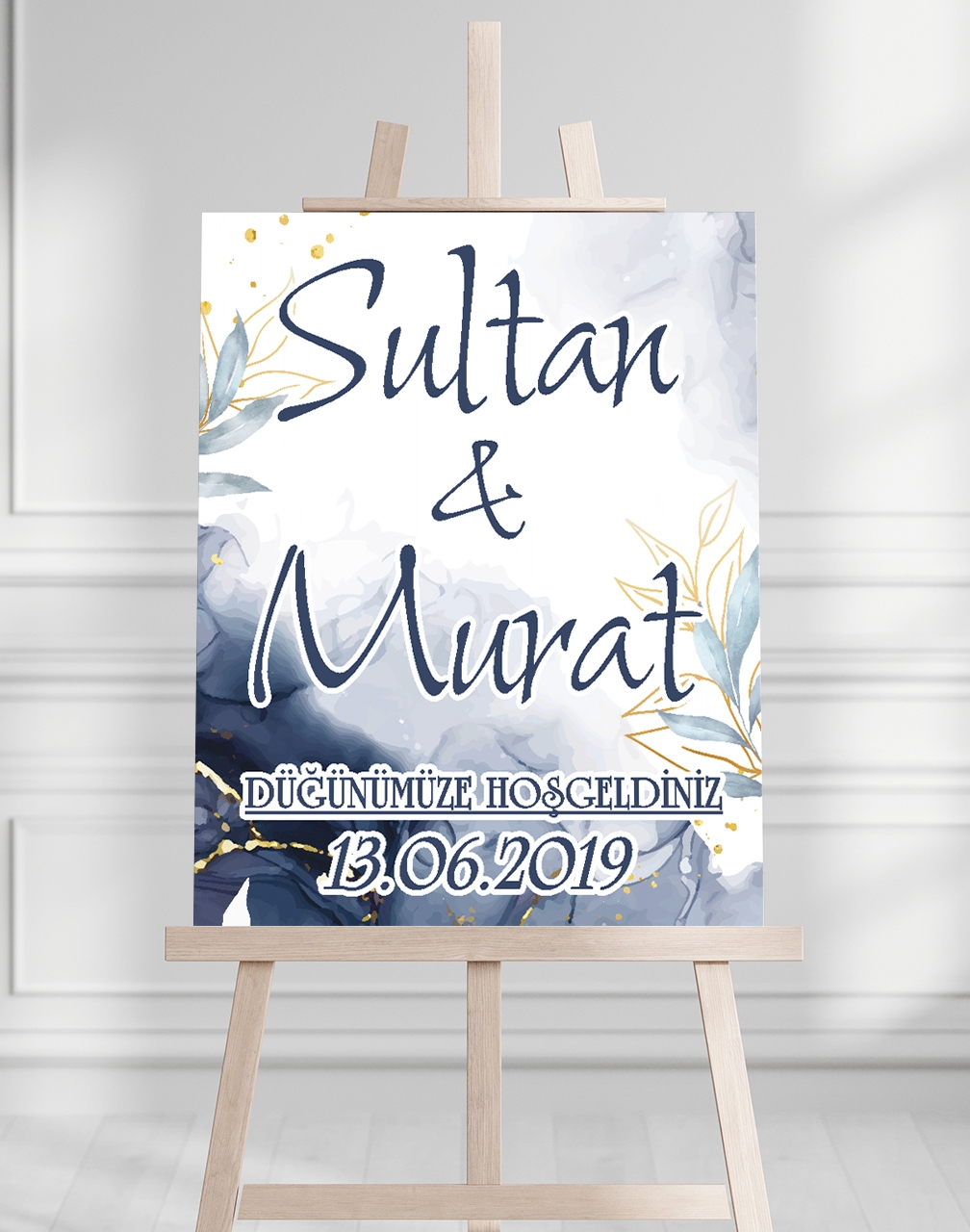 Söz Nişan Düğün İçin 50x70 Karşılama Panosu - Mavi Çiçek Özel Tasarımlı