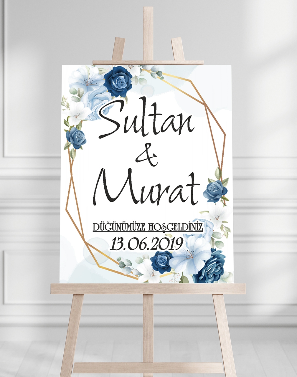 Söz Nişan Düğün İçin 50x70 Karşılama Panosu - Mavi Çiçek Tasarımlı 008