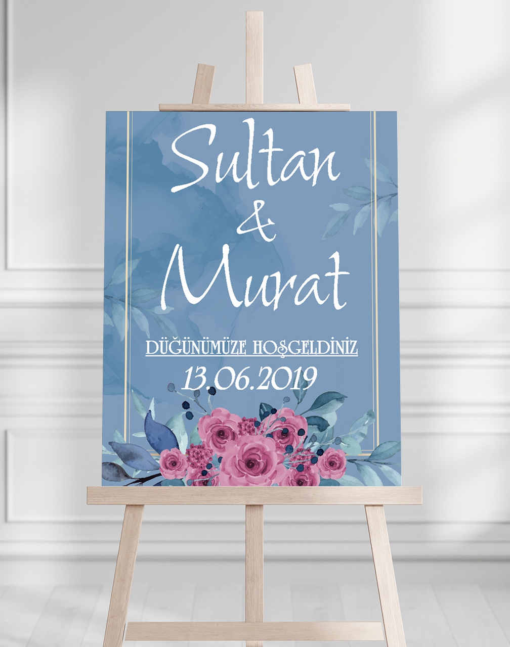 Söz Nişan Düğün İçin 50x70 Karşılama Panosu - Mavi Çiçek Tasarımlı 1