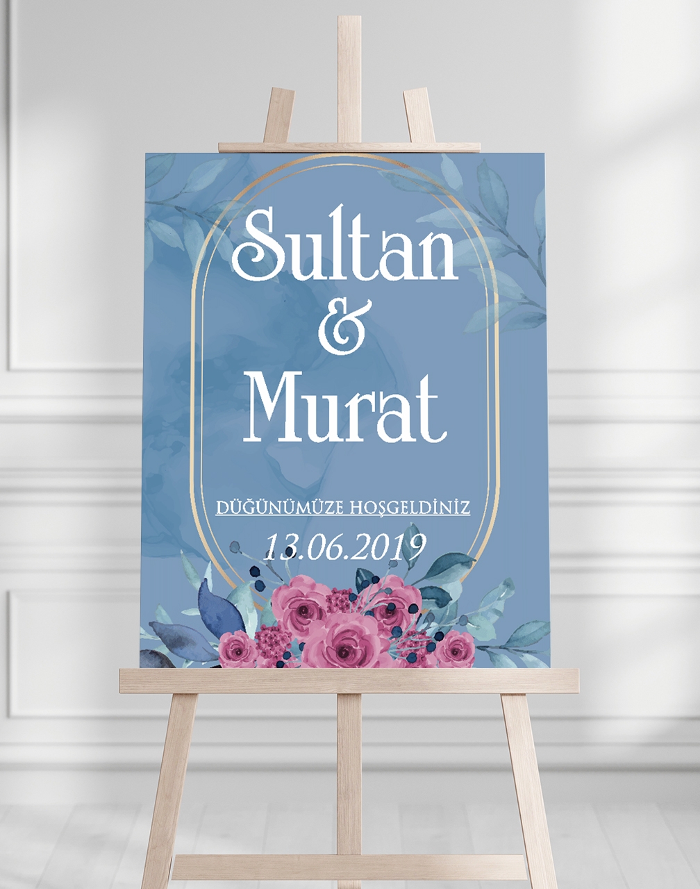 Söz Nişan Düğün İçin 50x70 Karşılama Panosu - Mavi Çiçek Tasarımlı 2