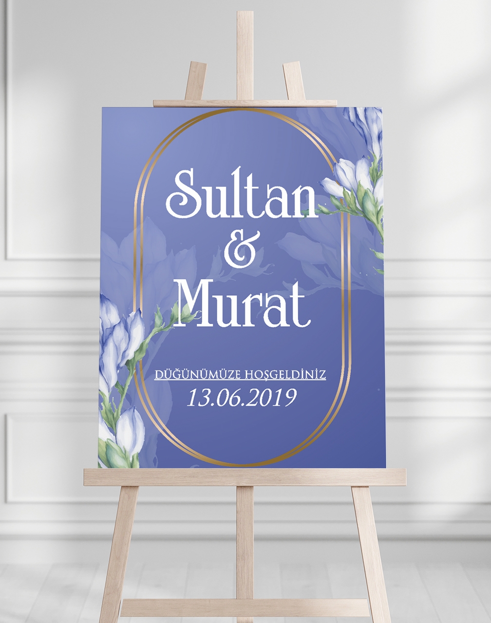 Söz Nişan Düğün İçin 50x70 Karşılama Panosu - Mavi Çiçek Tasarımlı