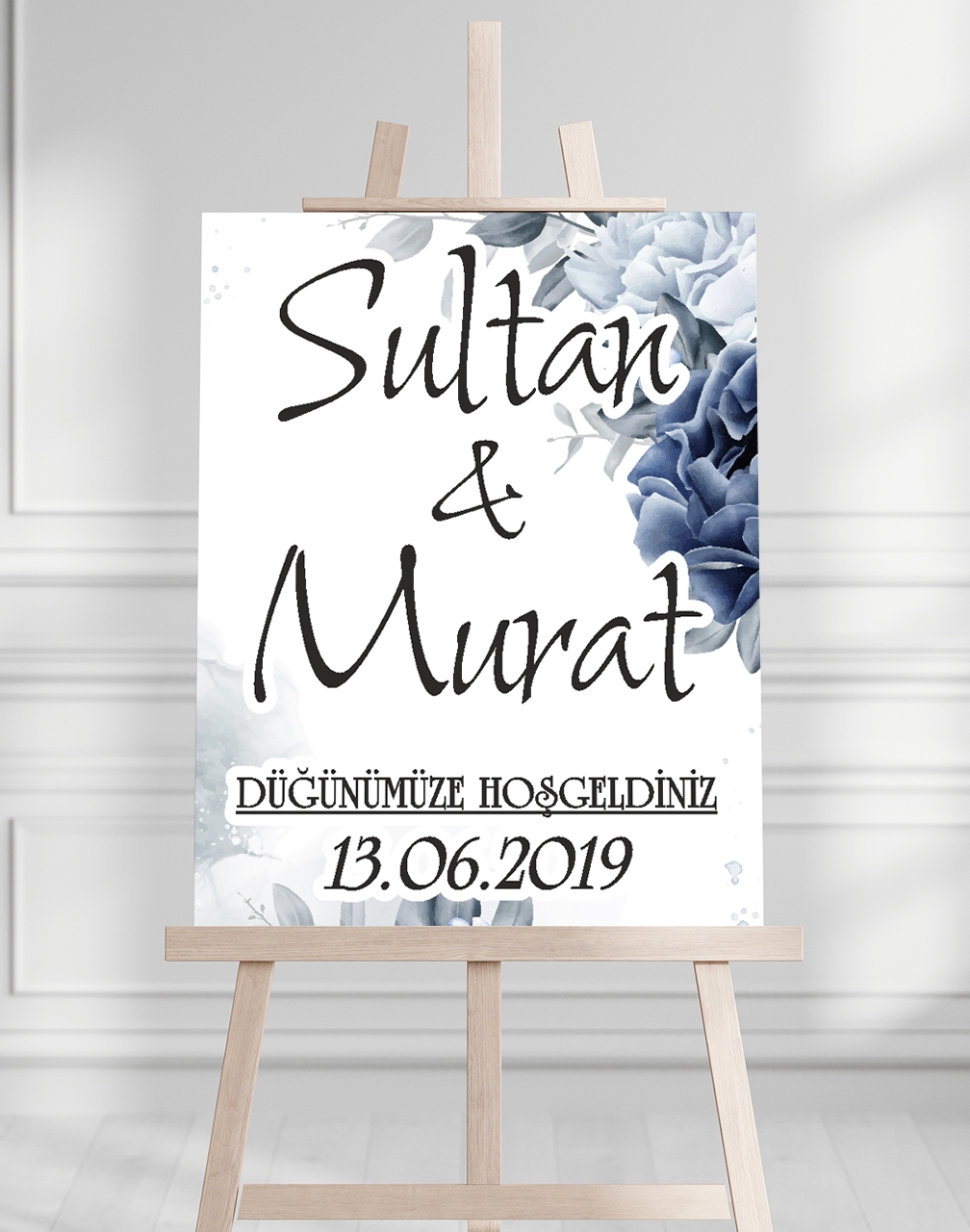 Söz Nişan Düğün İçin 50x70 Karşılama Panosu - Mavi Çiçek ve Mavi Tasarımlı
