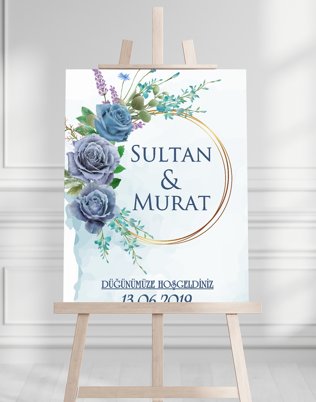 Söz Nişan Düğün İçin 50x70 Karşılama Panosu - Mavi Gül Desenli 002