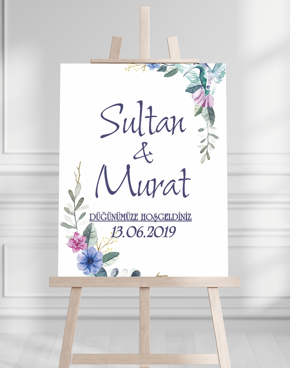 Söz Nişan Düğün İçin 50x70 Karşılama Panosu - Mavi Renk Çiçek Temalı 03