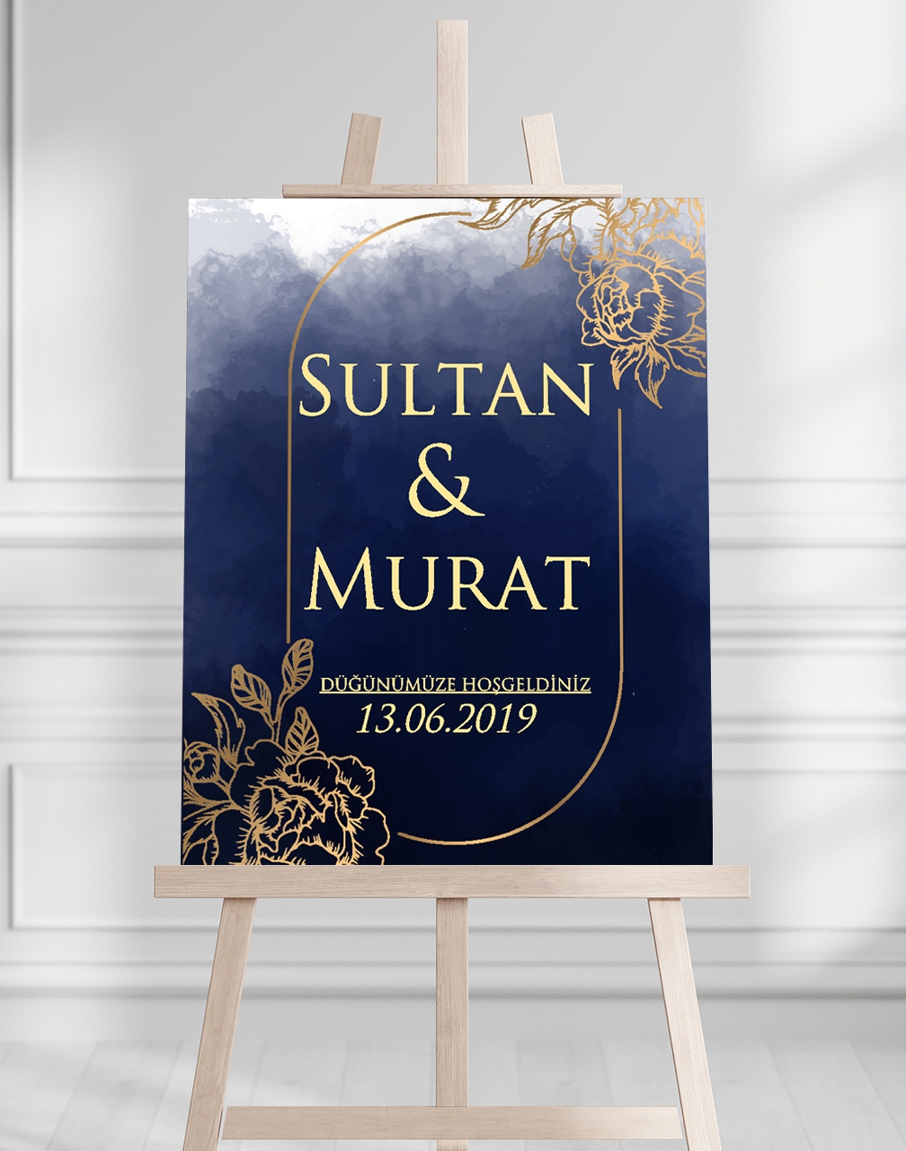 Söz Nişan Düğün İçin 50x70 Karşılama Panosu - Mavi ve Altın Çiçek Tasarımlı