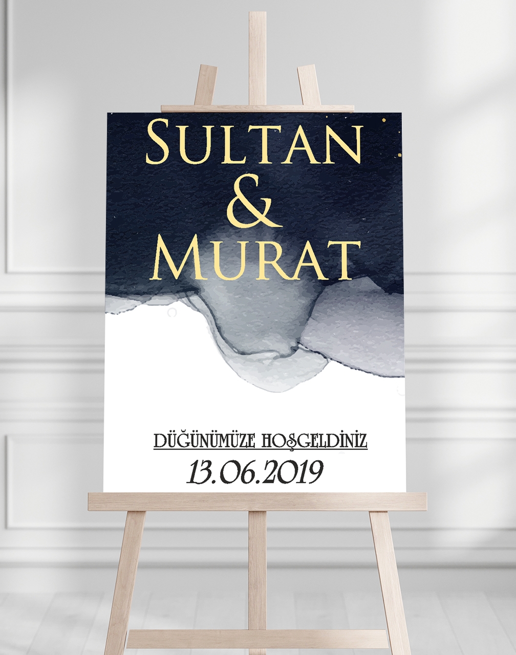 Söz Nişan Düğün İçin 50x70 Karşılama Panosu - Mavi ve Altın Tasarımlı 001