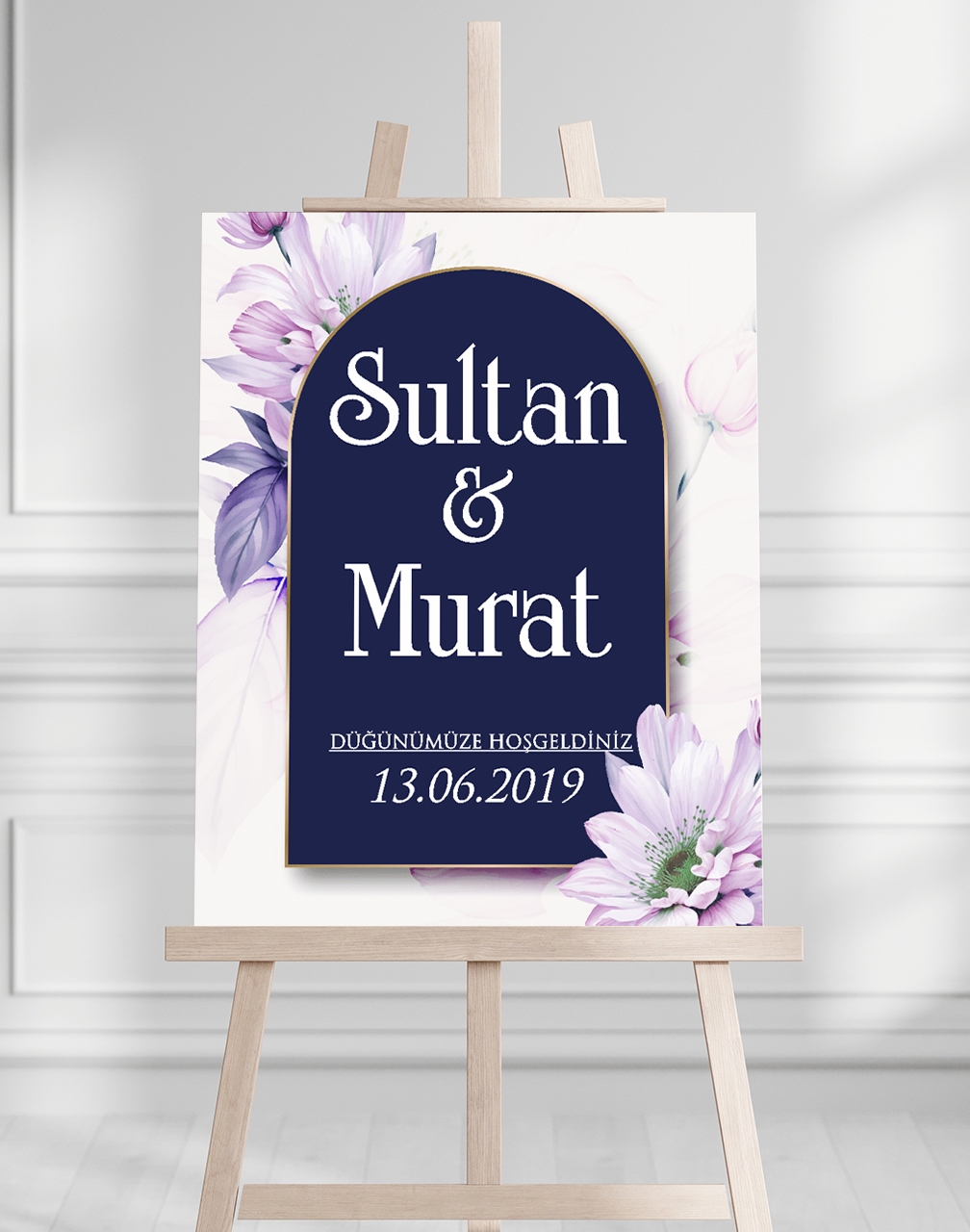 Söz Nişan Düğün İçin 50x70 Karşılama Panosu - Mavi ve Pembe Çiçek Tasarımlı