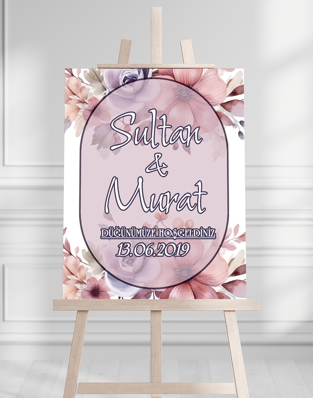 Söz Nişan Düğün İçin 50x70 Karşılama Panosu - Mor Çiçek Desenli 002