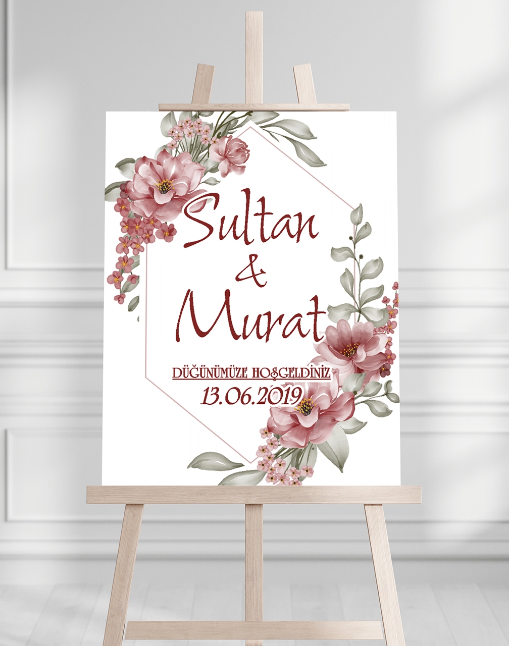 Söz Nişan Düğün İçin 50x70 Karşılama Panosu - Mor Çiçek Desenli