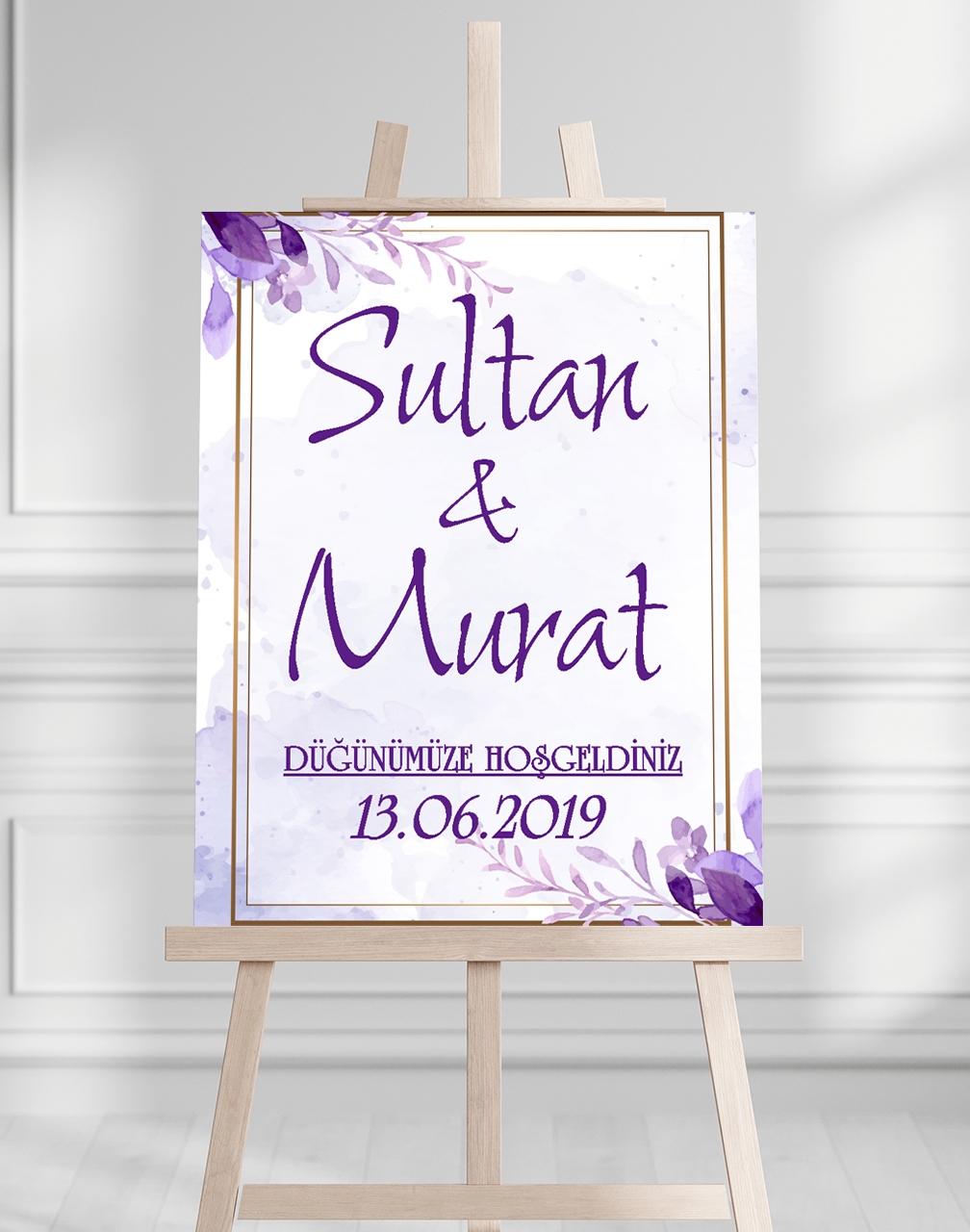Söz Nişan Düğün İçin 50x70 Karşılama Panosu - Mor Çiçek Tasarımlı 002
