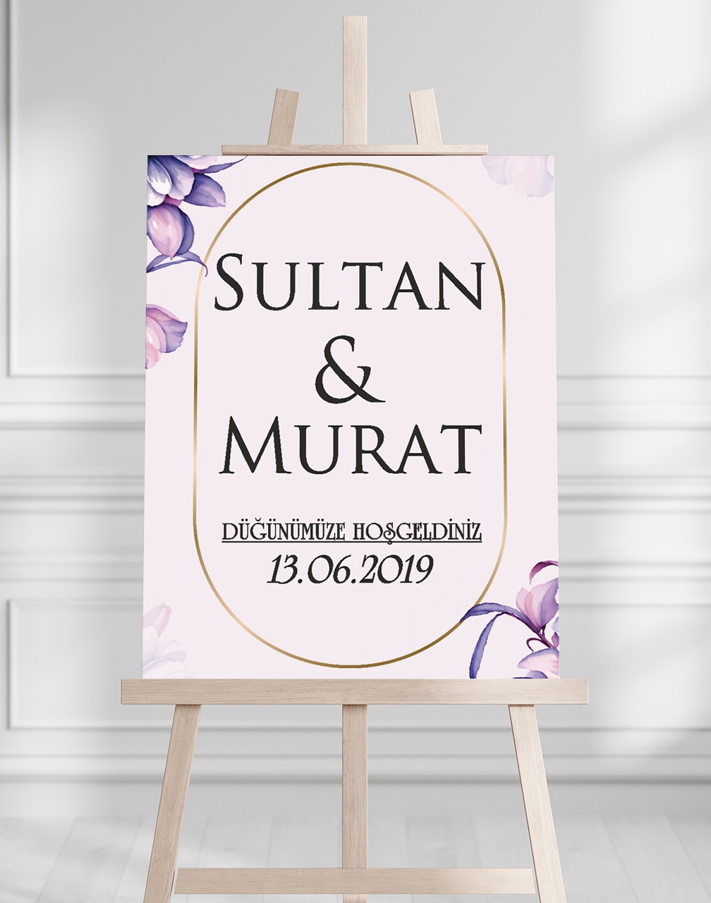 Söz Nişan Düğün İçin 50x70 Karşılama Panosu - Mor Çiçek Tasarımlı 003