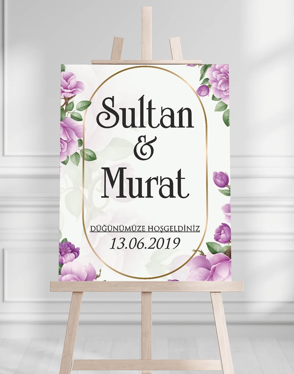 Söz Nişan Düğün İçin 50x70 Karşılama Panosu - Mor Çiçek Tasarımlı 004