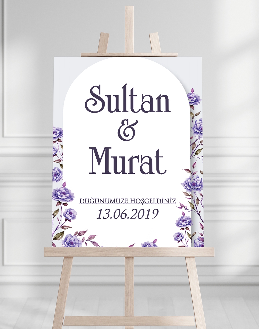 Söz Nişan Düğün İçin 50x70 Karşılama Panosu - Mor Çiçek Tasarımlı 005
