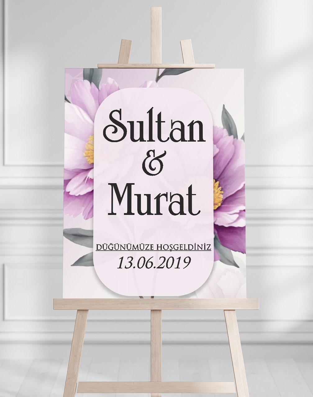 Söz Nişan Düğün İçin 50x70 Karşılama Panosu - Mor Gül Tasarımlı