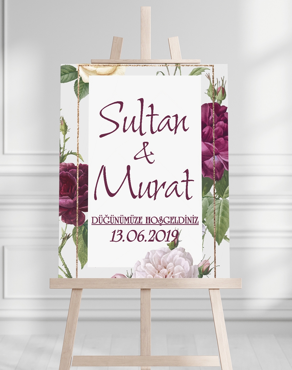 Söz Nişan Düğün İçin 50x70 Karşılama Panosu - Mor Renk Çiçek Temalı