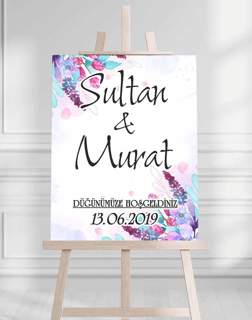 Söz Nişan Düğün İçin 50x70 Karşılama Panosu - Mor Renkli Çiçek Temalı