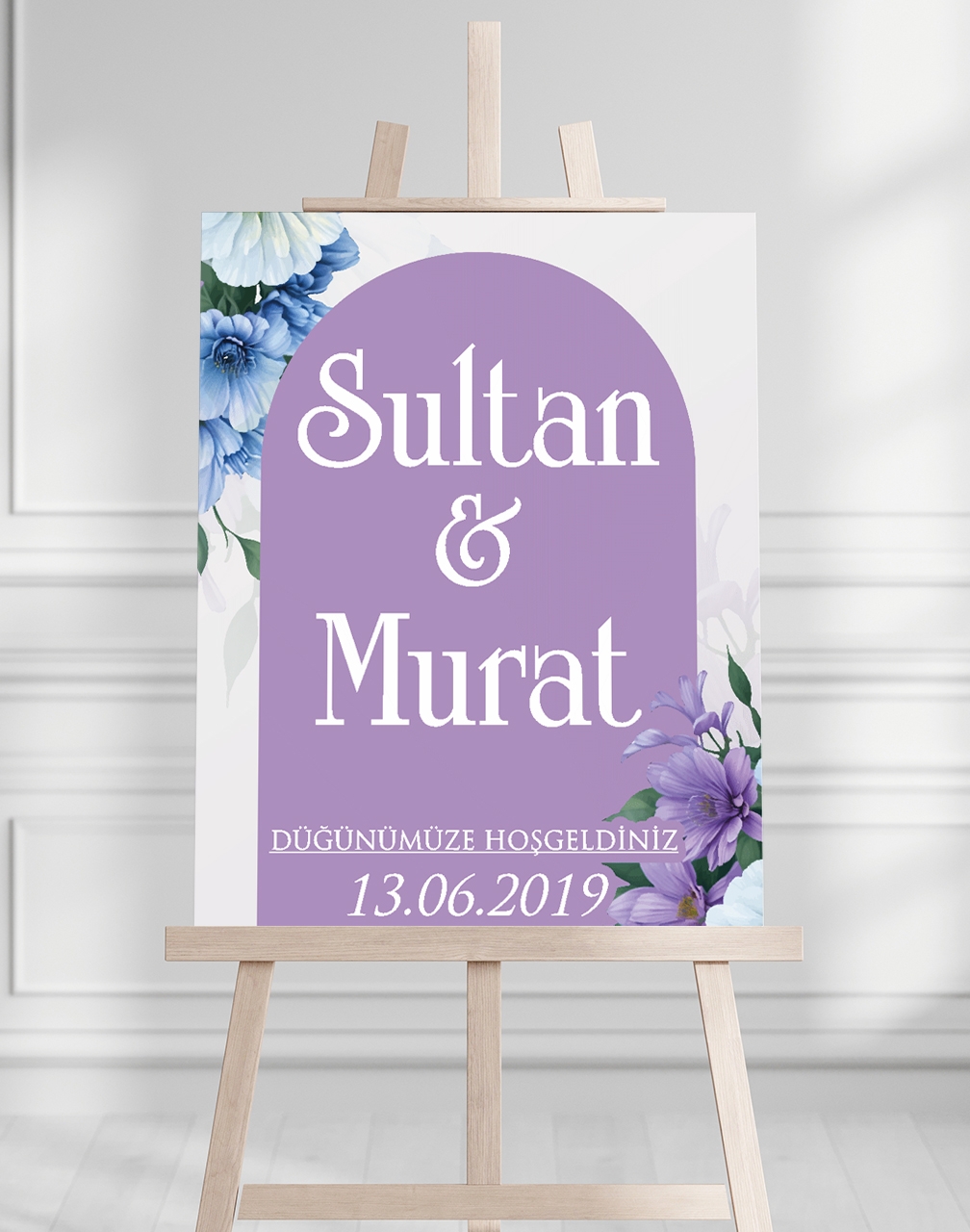 Söz Nişan Düğün İçin 50x70 Karşılama Panosu - Mor ve Mavi Çiçekli