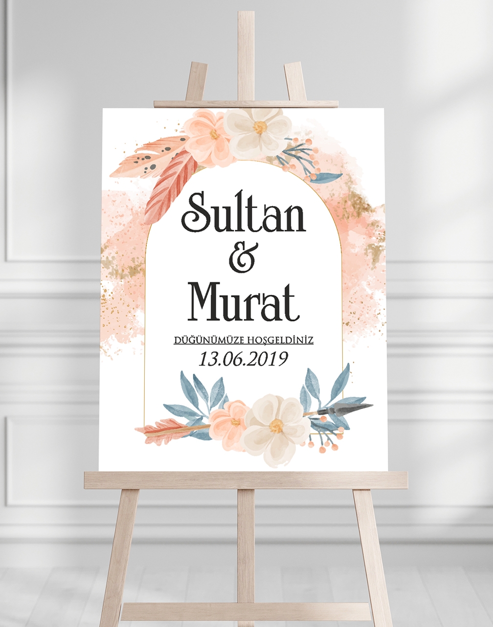 Söz Nişan Düğün İçin 50x70 Karşılama Panosu - Pastel Çiçek Tasarımlı 001