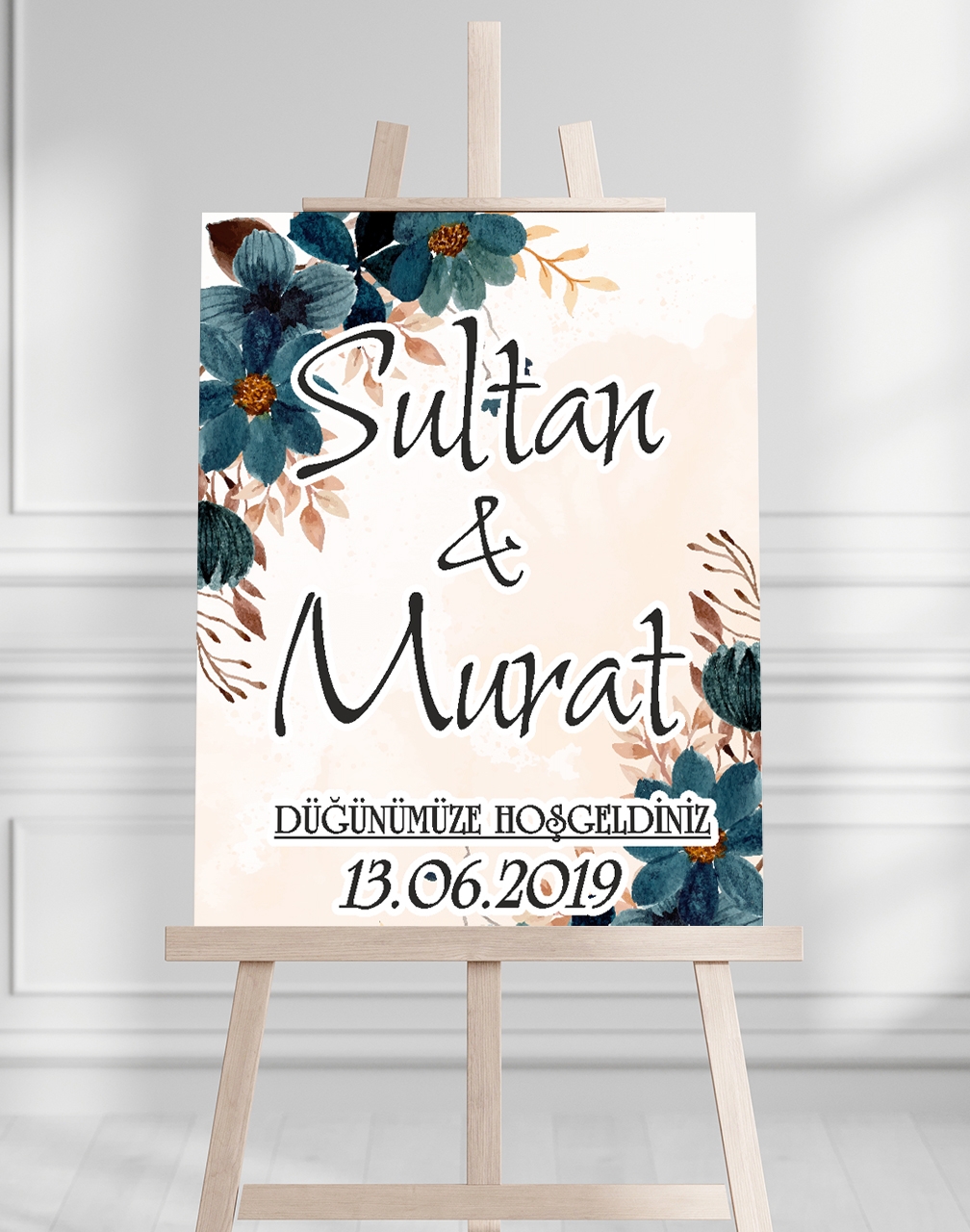 Söz Nişan Düğün İçin 50x70 Karşılama Panosu - Pastel Çiçek Tasarımlı