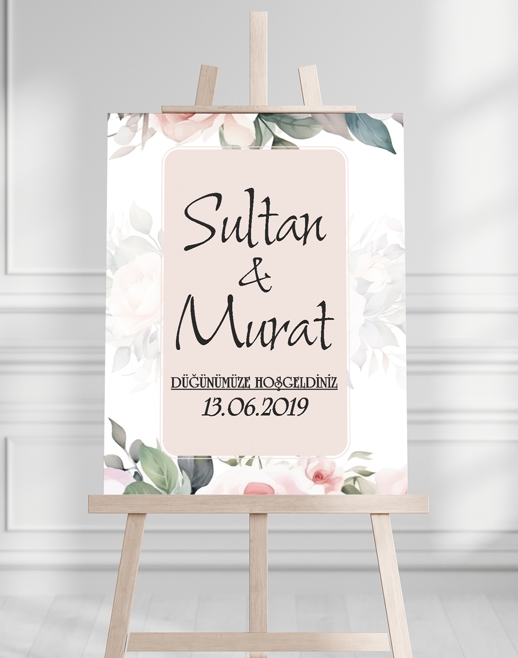 Söz Nişan Düğün İçin 50x70 Karşılama Panosu - Pembe Çiçek Desenli