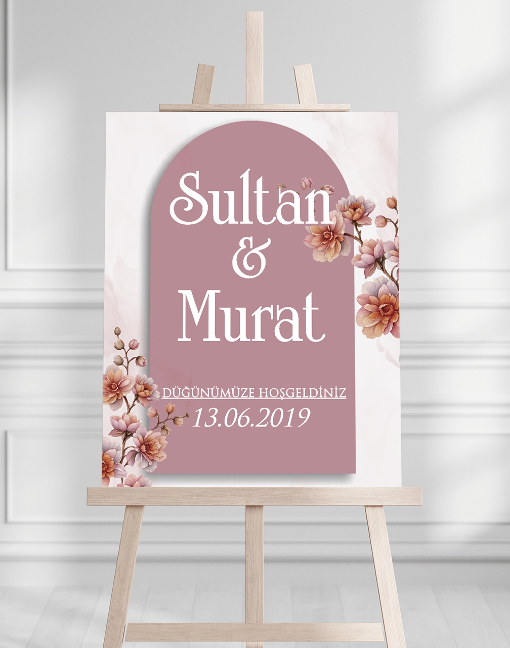 Söz Nişan Düğün İçin 50x70 Karşılama Panosu - Pembe Çiçek Tasarımlı 01