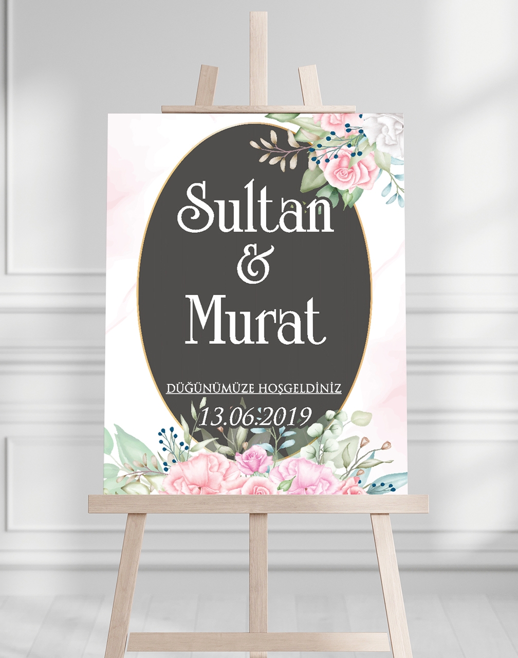 Söz Nişan Düğün İçin 50x70 Karşılama Panosu - Pembe Çiçek ve Pastel Tasarımlı