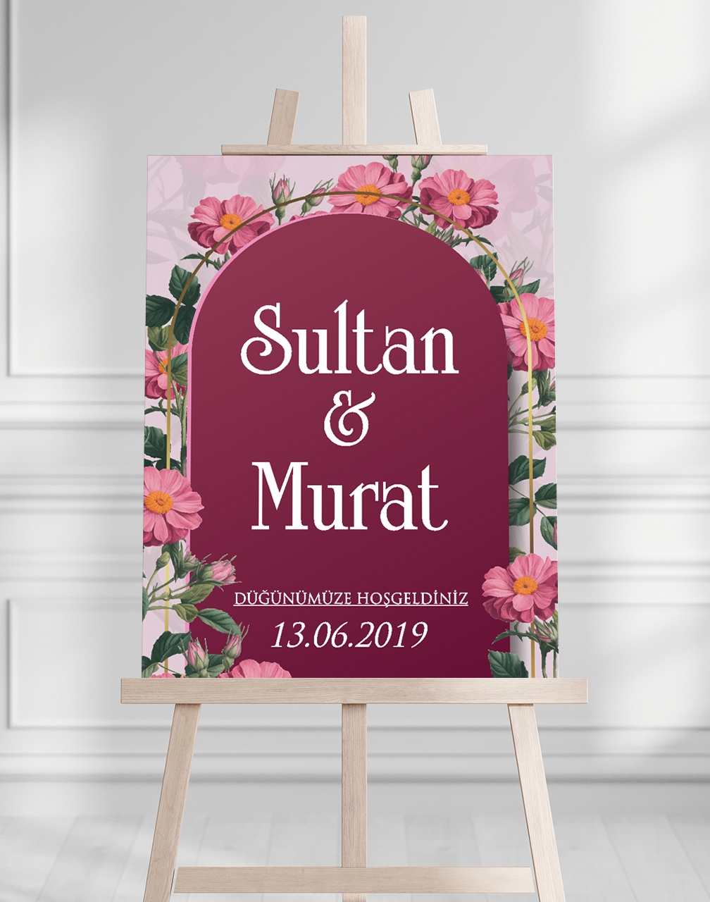Söz Nişan Düğün İçin 50x70 Karşılama Panosu - Pembe Çiçek Tasarımlı 001