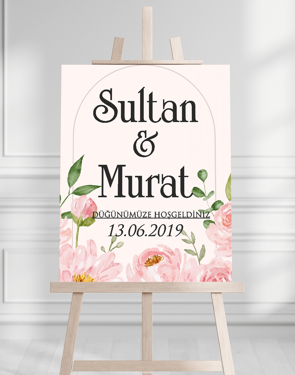 Söz Nişan Düğün İçin 50x70 Karşılama Panosu - Pembe Çiçek ve Yaprak Tasarımlı