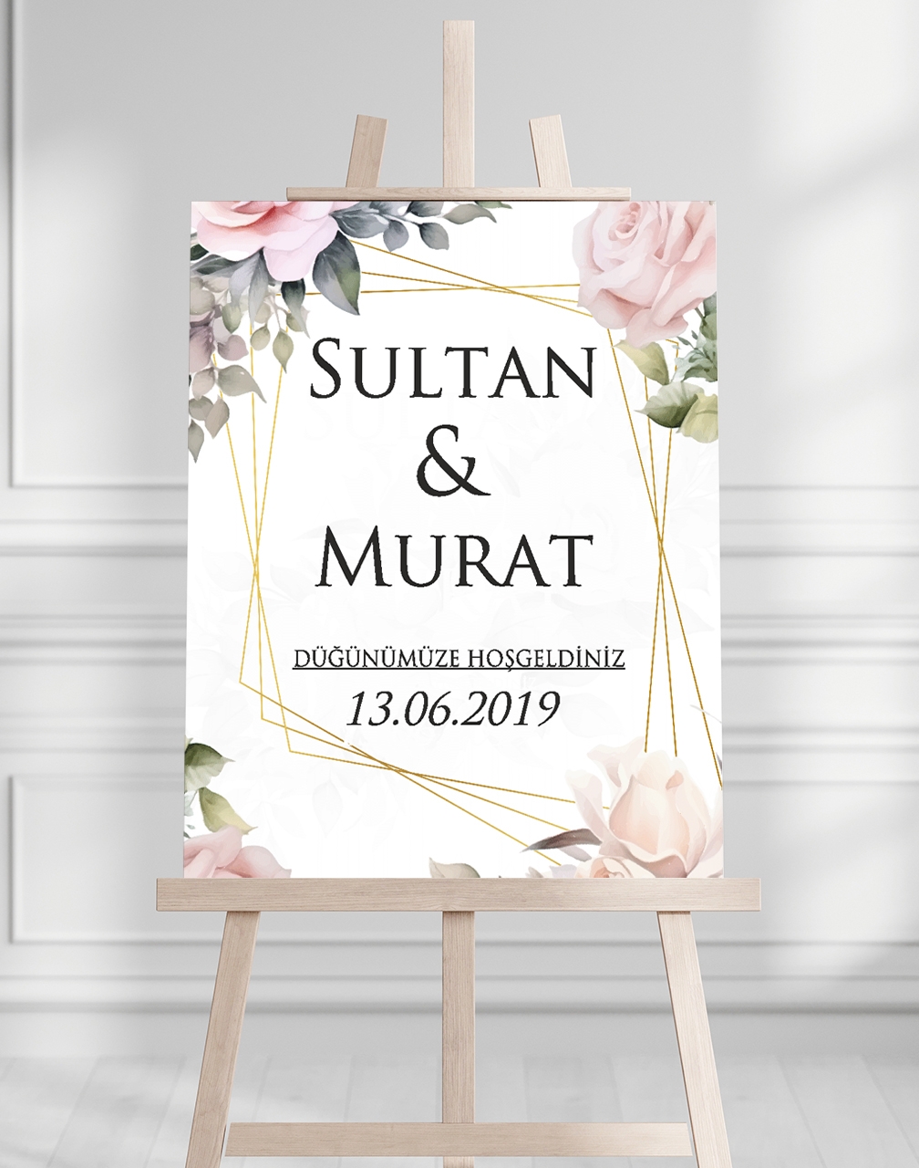 Söz Nişan Düğün İçin 50x70 Karşılama Panosu - Pembe Gül Desenli 003